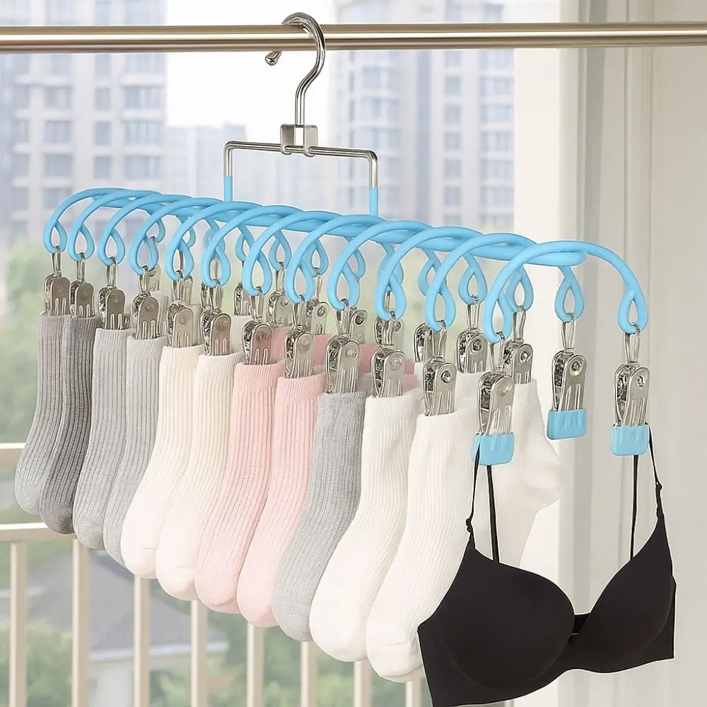 Kleiderbügel aus Edelstahl, 20 Clips, rostfrei, für Socken, Wäscheständer, rutschfest, tragbar, für kleine Räume