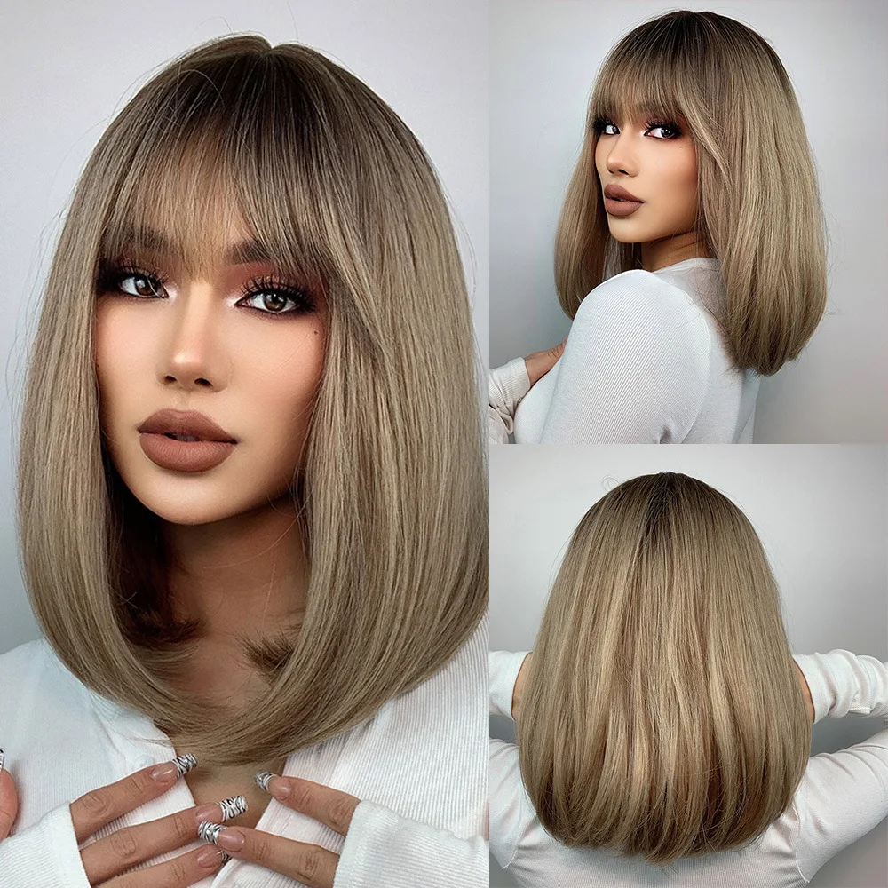 

Hot-selling Qi bangs black gradual change brown medium and long straight hair full head type European and American style wig wom