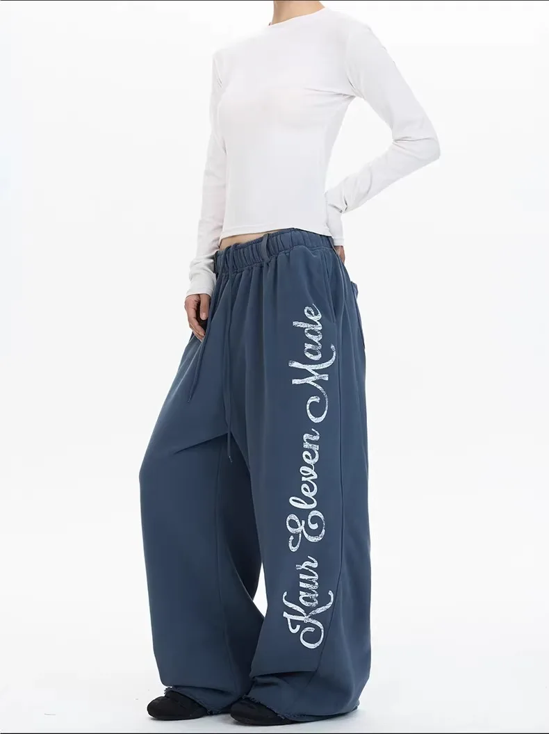 American Retro Letter Print Design Sport Drawstring Casual Pants Unisex Loose Lazy Match All over Floor-Length Pants