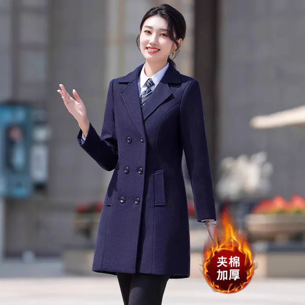 

Black Woman's Woolen Coat Professional Suiting Hotel Front Desk Work Uniform Long Length 4S Star Hotel Employee Uniform