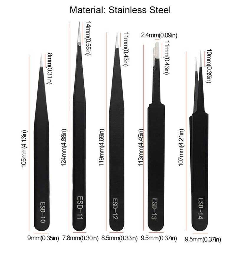 ESD Safe Stainless Steel Tweezers Set - Straight Curved Tips for Precision Maintenance Industrial Electronics Repair Hand Tools