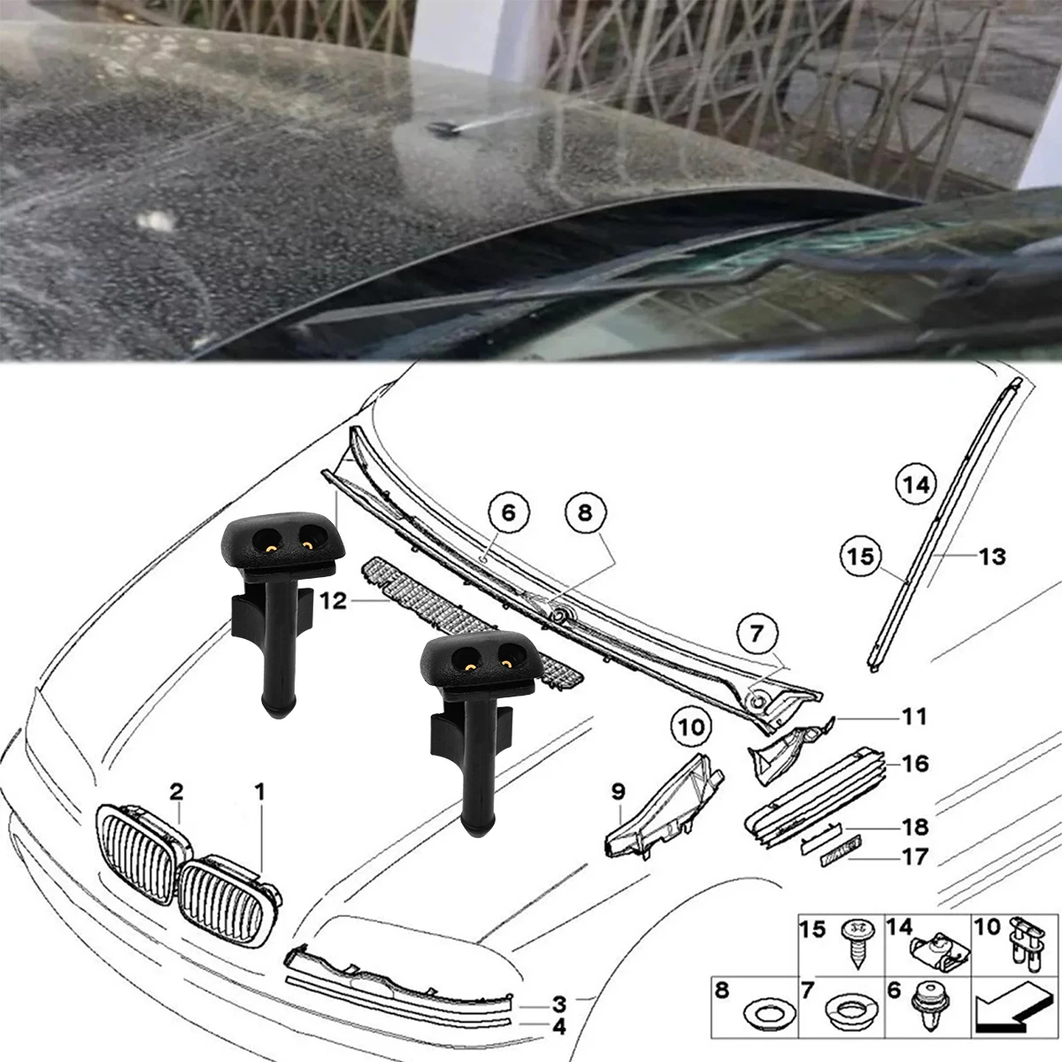 For BMW 3 Series E36 316 318 320 323 325 328 M3 Z3 Auto Windshield Wiper Water Spray Nozzle Washer Jet Hose Pipe Kit 61601384859