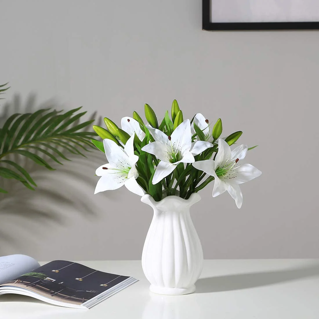 5Pcs Artificial Lily Flowers Real Contact Fake Lily Bouquet for Home Wedding Floral Decor White &LICG