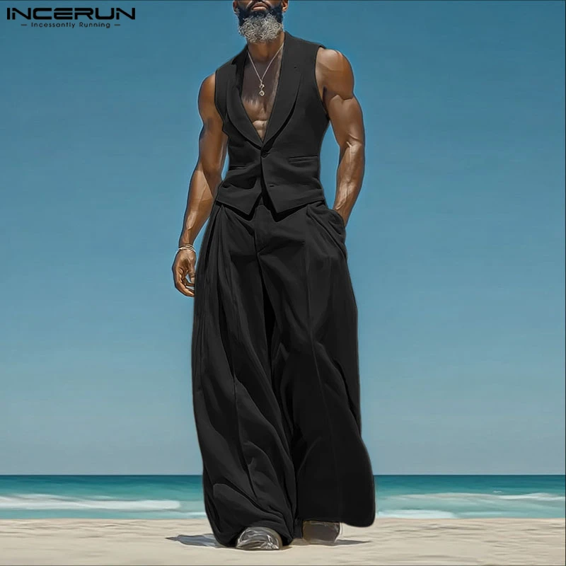 INCERUN Summer Men's Sets Solid Color Sleeveless Tops Tee Buttons Summer Long Pants Male Two-piece Suits Streetwear 2PCS S-5XL