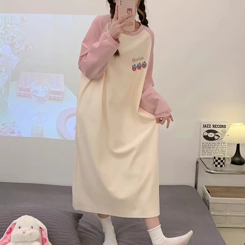 Women's Cotton Blend Pajama Dress, Long-Sleeve, Oversized, Add, Large Size, Loose, Female Clothing, Fat, Autumn, 150kg