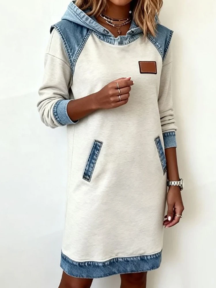 Elegante patchwork vakantiejurk met lange mouwen, dames herfst winter v-hals chique feestjurk, 2025, losse eenvoudige casual damesjurk