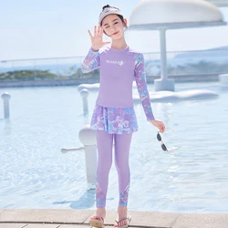 Three Pieces Kids Burkini Girls Long Sleeve Swimsuit With Removable Skirt Children Modest Swimwear Muslim Swimming Suit Bathing