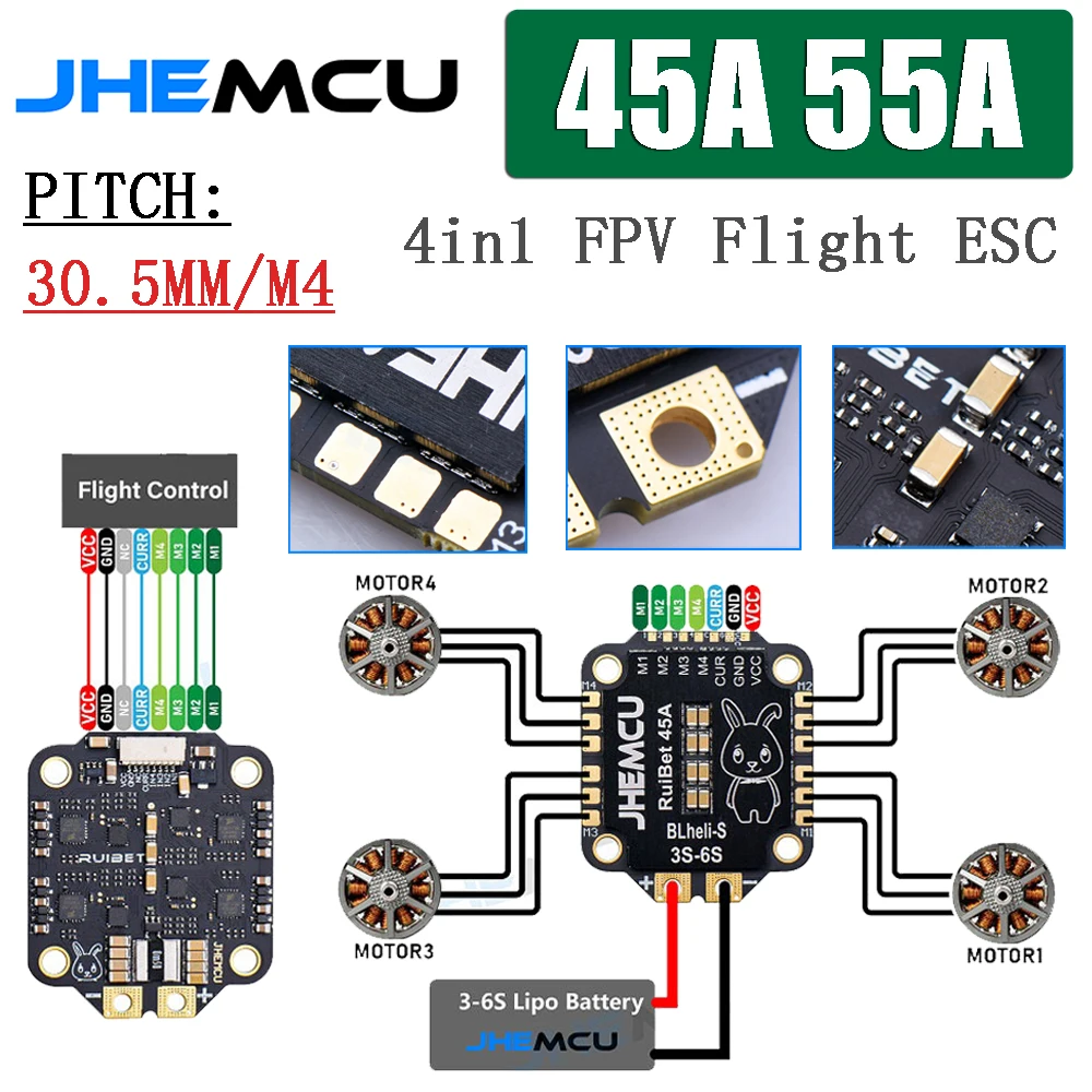 

JHEMCU Remote Control FPV Racing Drone 45A 55A BLHELI_S Dshot600 Brushless 4in1 ESC 3-6S 30.5x30.5mm for RC Model Plane Toy Part