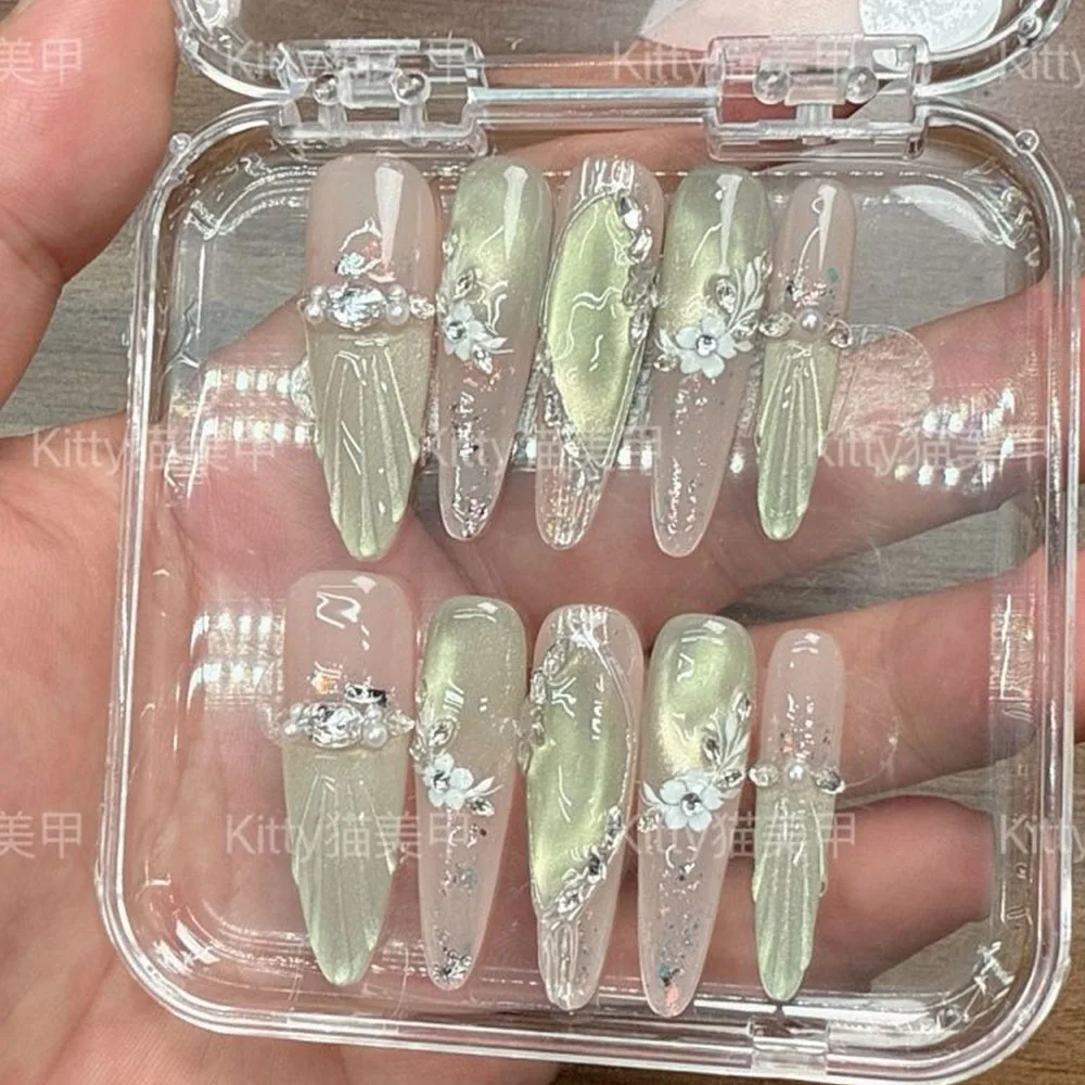 Light Luxury Gentle Style Cat's Eye Diamond Handmade Nail Patch Gemstone Bowknot 3D Flower Medium Ellipse Fake Nails Accessories