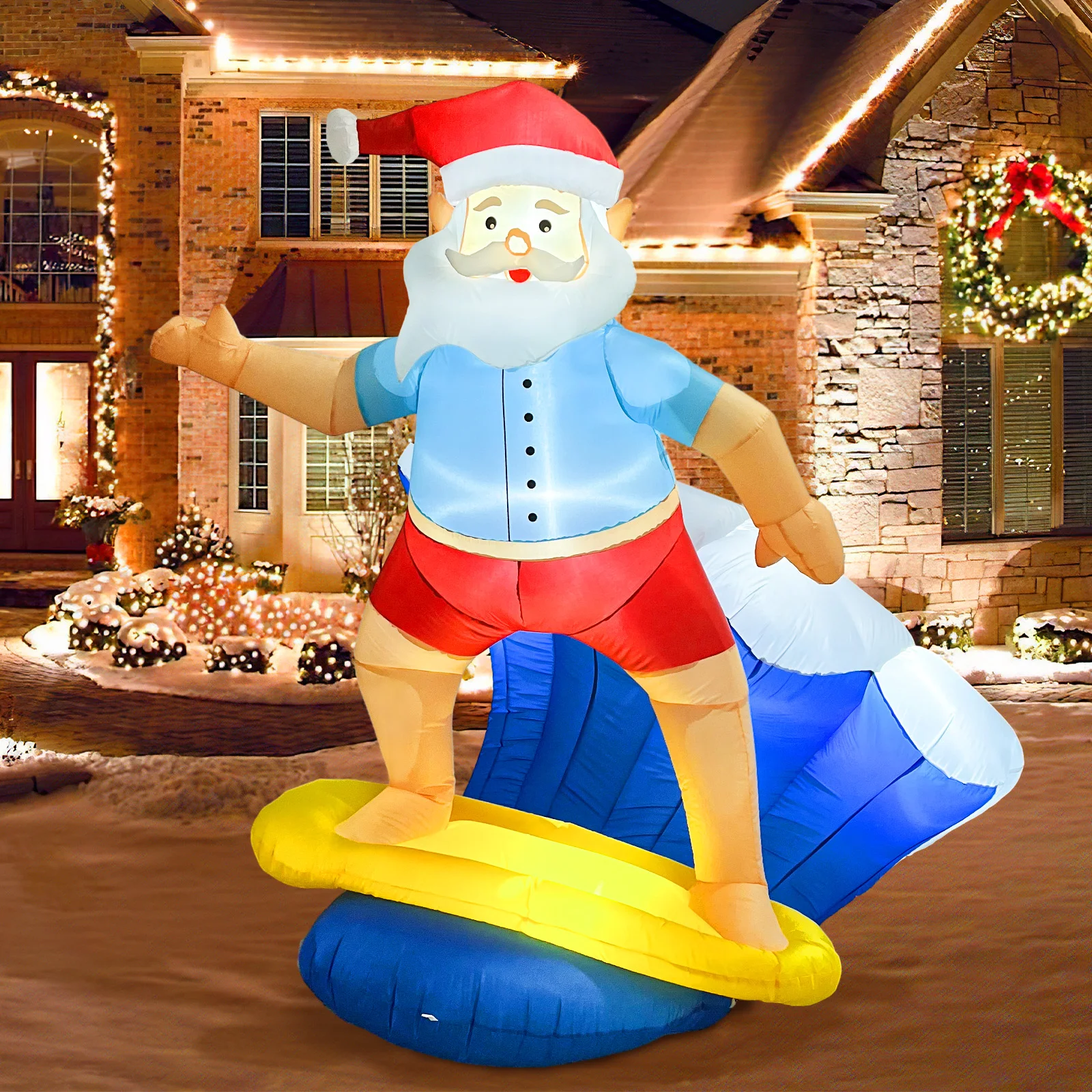 PartyWorld 6FT Christmas Inflatable Outdoor Surfing Santa Claus Decoration Giant Blow Up with LED Lights for Xmas Outdoor Decor