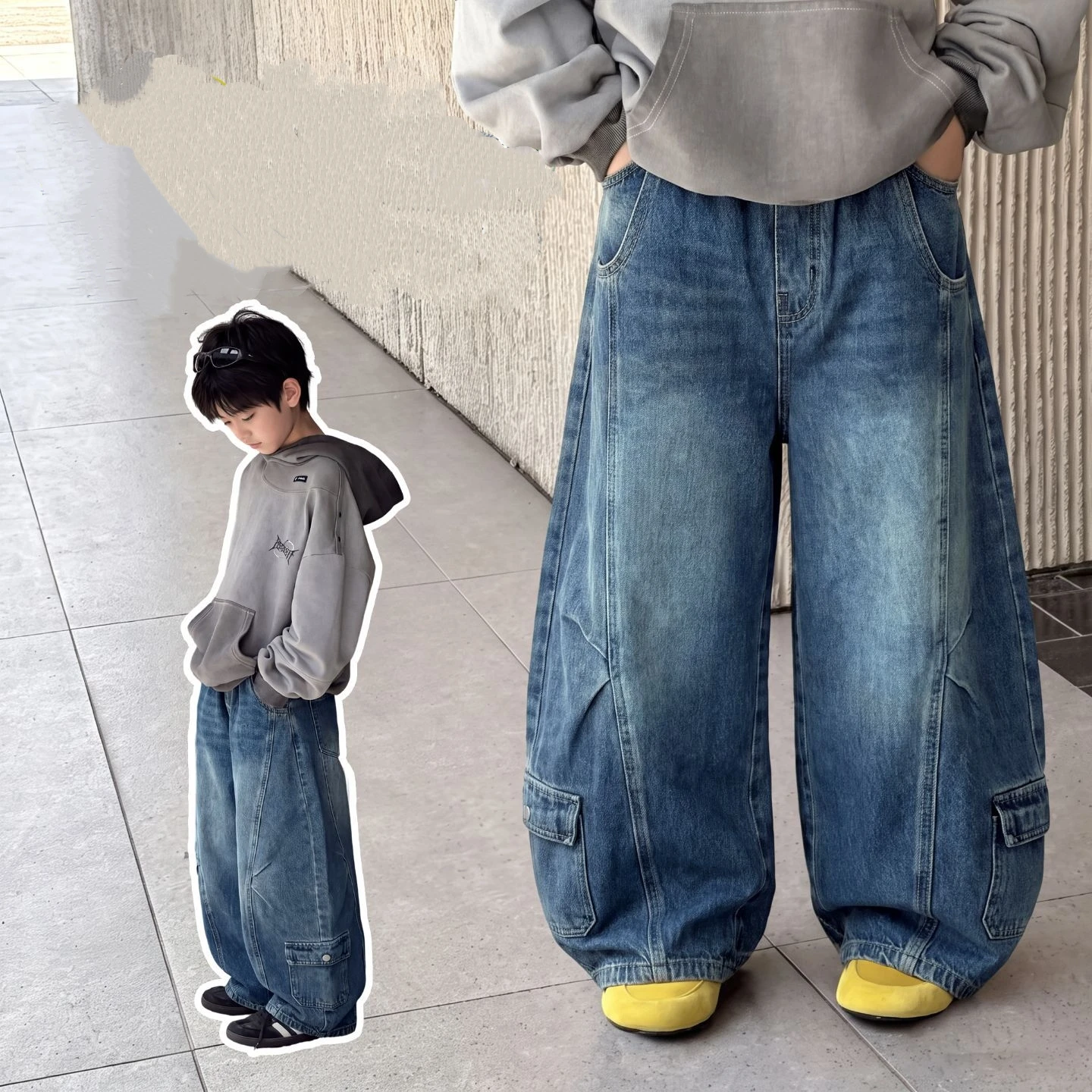 Korean Kids Streetwear Heavy Cargo Jeans Y2K Clothing Boy Hip Hop Retro Pockets Baggy Denim Pants Children Casual Jeans Trousers