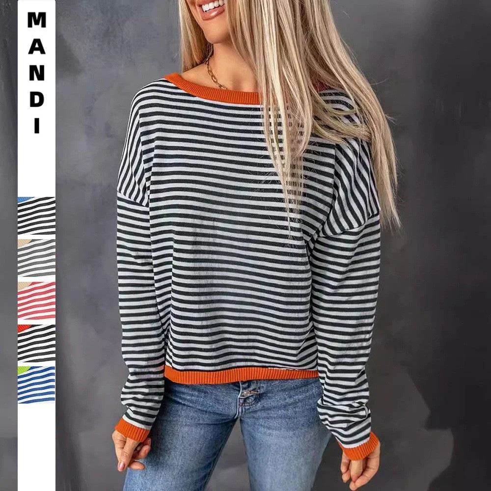 

Casual Striped Long Sleeve round Neck Women's Sweater Autumn Winter New Style Color Block Loose Fit Knitted Top for Ladies