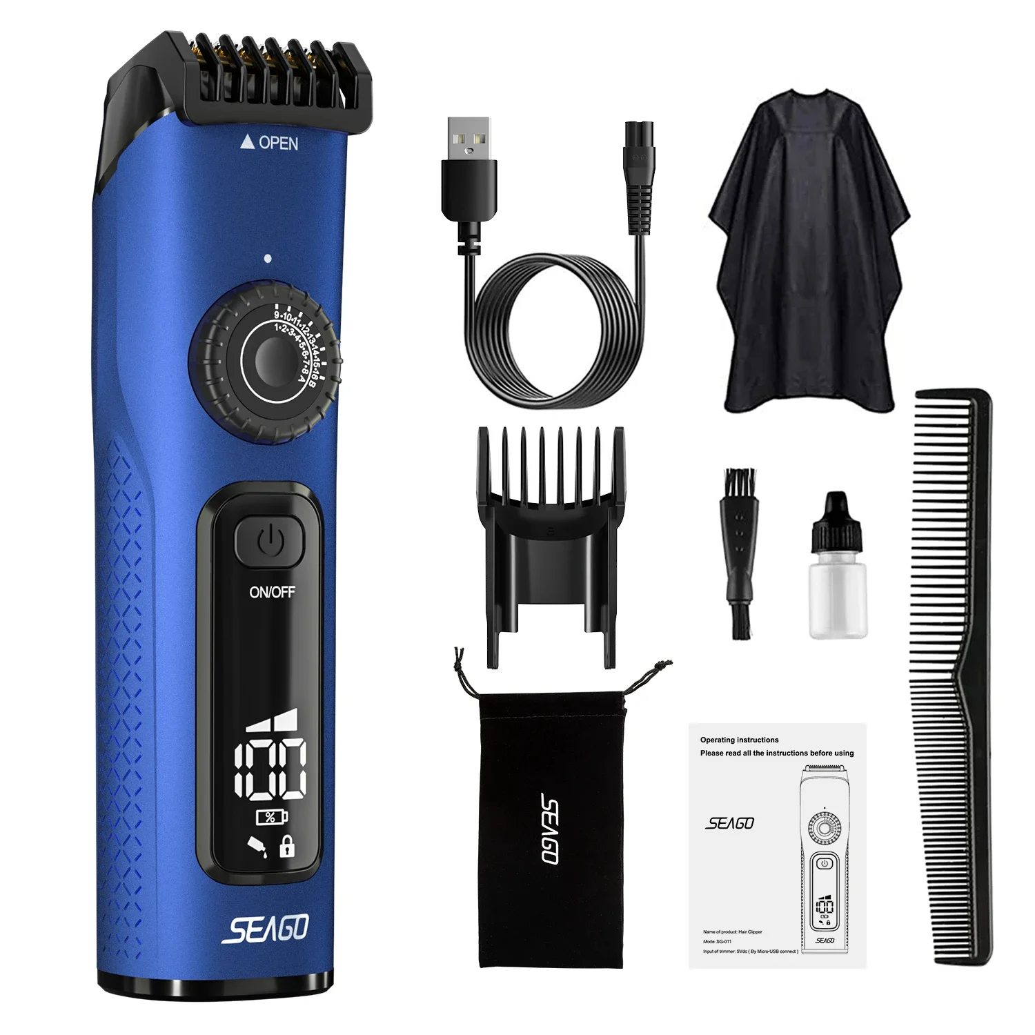 Seago Electric Cordless Hair Clipper Professional Trimmer LCD Display Rechargeable Set