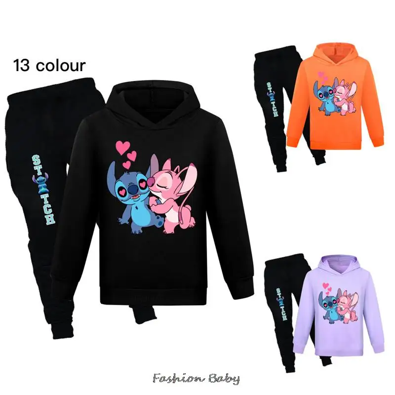 

2Pcs Set New Stitch Hoodie Sweatshirt+Pant Suit 2-14Y Boys Girls Autumn Fashion Anime Cartoon Tracksuit Kids Clothes To School