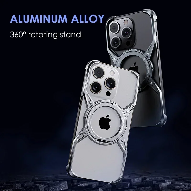 Metal Aluminum MagSafe Stand Phone Case For iPhone 13 14 15 16 Pro Max Magnetic Hollow Rimless Shockproof Bumper Phone Cover