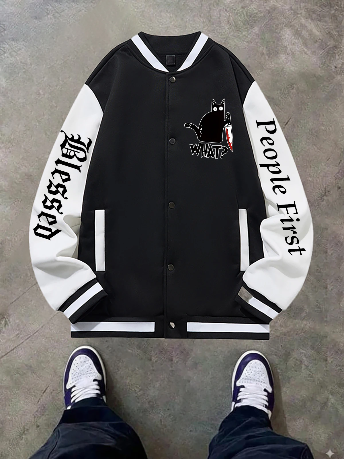 

Black Blue Green Double-Sided Print Jacket Loose Oversized XS-XXL Unisex Baseball Jacket Streetwear Coat Warm Fleece Soft Jacket