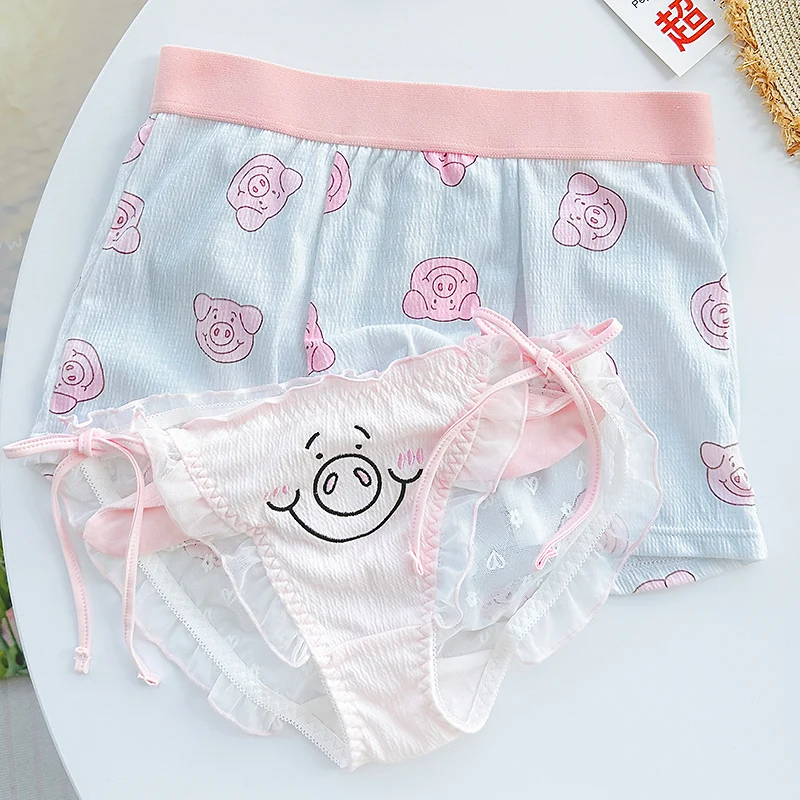 Japanese Cute Lolita Couple Underwear Sexy Breathable Low Waist Split Panties Women's Triangle Strap Shorts Men's Shorts Cotton