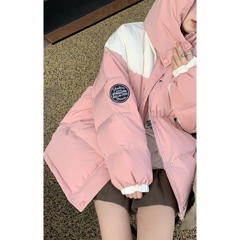 

Pink Down Jacket Women Coat Green Hooded Fashion American Streetwear Y2K Style Duck Down Feather Female Winter Short Outwear