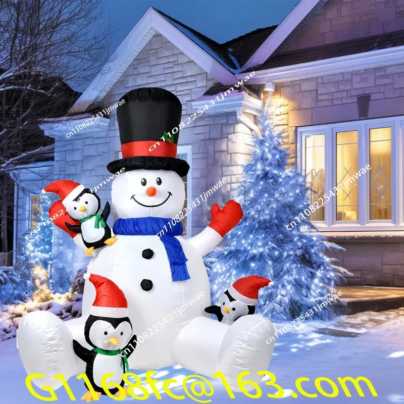 2.1M Christmas Inflatable Snowman, Three Penguins, Colorful Outdoor Party Lights, Inflatable Decorations