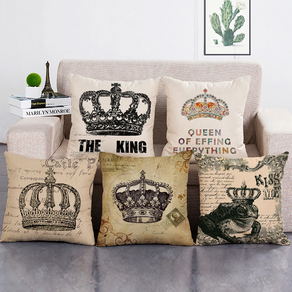 

Retro Home Decorative Cushion Cover Crown Print Throw Pillow Case King Queen Letter Pillowcase