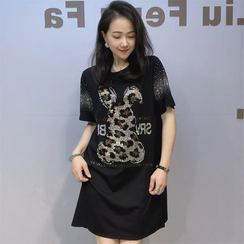 

Fashion Rhinestones Dress for Women Clothing Summer Cartoon Rabbit Loose Pullovers Dress Short Sleeve Knee Length Black Dresses
