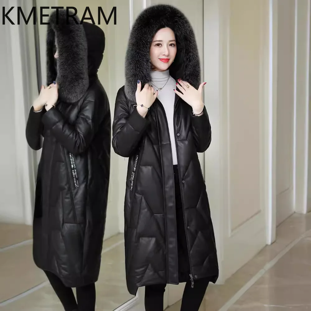 100 % Schaffell Pufferjacke Damen Hochwertiges echtes Leder Lange Daunenmäntel mit Kapuze Fuchspelzkragen Winterkleidung 2025