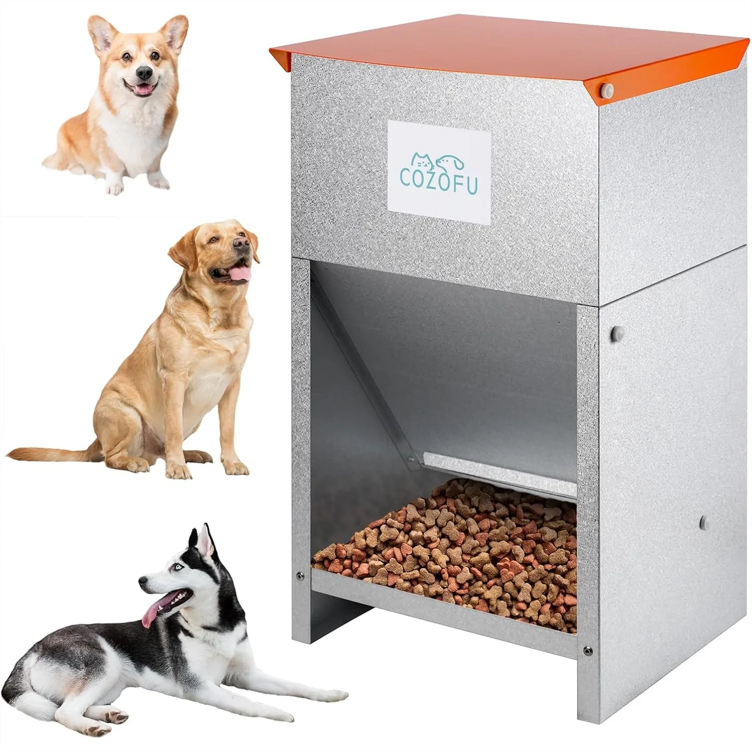 

Galvanized Metal Dog Feeder, 25lb Automatic Gravity Dispenser for Indoor Outdoor Use, Large Capacity Self-Feeder for Small to