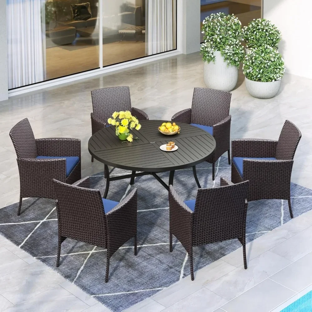 

7 Pieces Patio Dining Set with 54" Round Table, 6 All-Weather Sofa Wicker Chairs with Navy Cushion Patio Furniture Set for 6