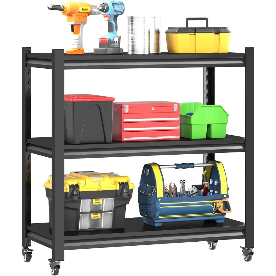 

3 Tier Adjustable Garage Storage Shelving Heavy Duty Utility Rack Shelf Unit on 4 Wheel Casters Standing Shelves for Garage Hom