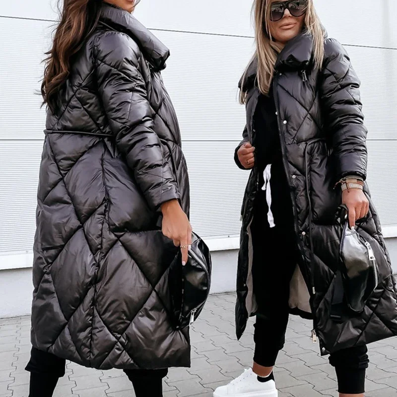 

Winter Warm Parka Jacket Women Solid Color Thickened Stand Collar Long Sleeve Zipper Casual Slim Fit Fashion Outerwear