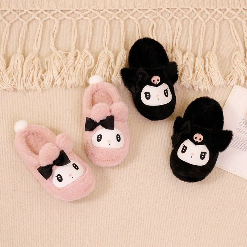 Sanrio Kulomi cute sweet warm home women's shoes Melody cartoon plush non-slip flat bottom half pack heel cotton slippers