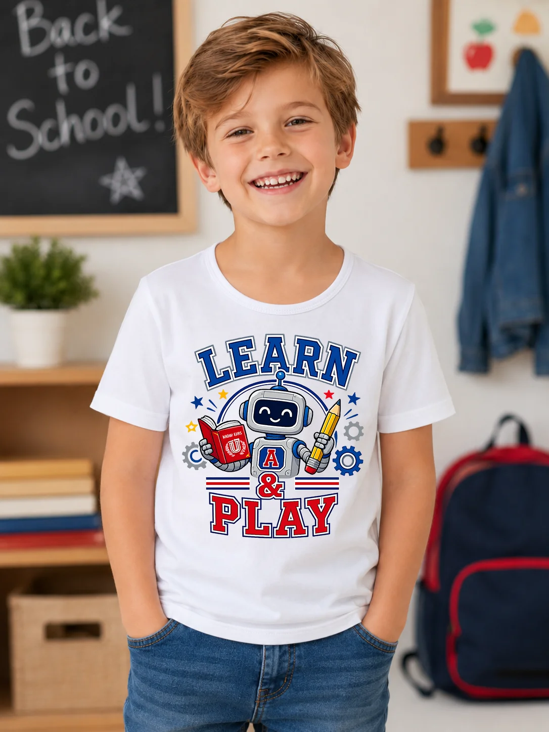 Kids Boys T-shirt Learn & Play Cartoon Robot Print Short Sleeve T Shirts Back To School Casual Children Summer Tops Crew Neck Te