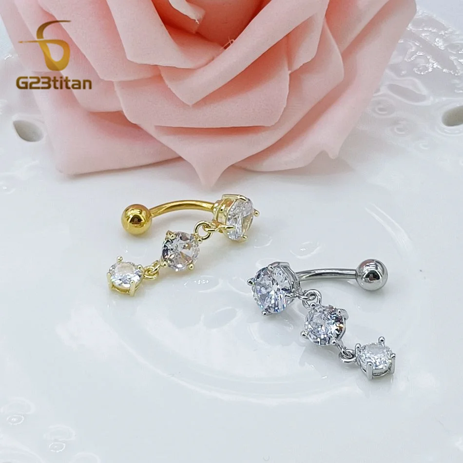 Bright CZ Zircon Round Pendant Belly Button Rings Gold Silver Color 14G Titanium Reverse Barbell Piercing Body Jewelry Navel Bar
