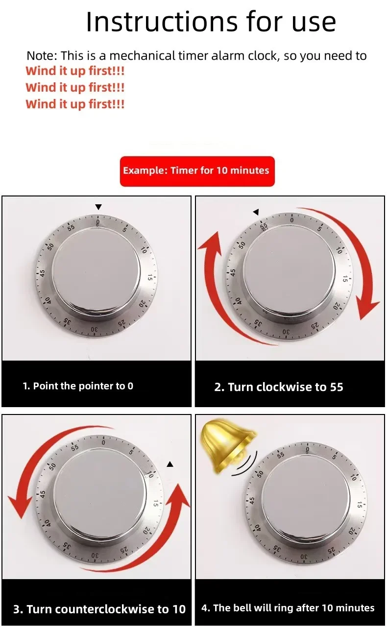 ABS Edelstahl Mechanischer Küchentimer Manueller Wecker Back- und Lern-Erinnerung für Tägliches Zeitmanagement – Detail 5