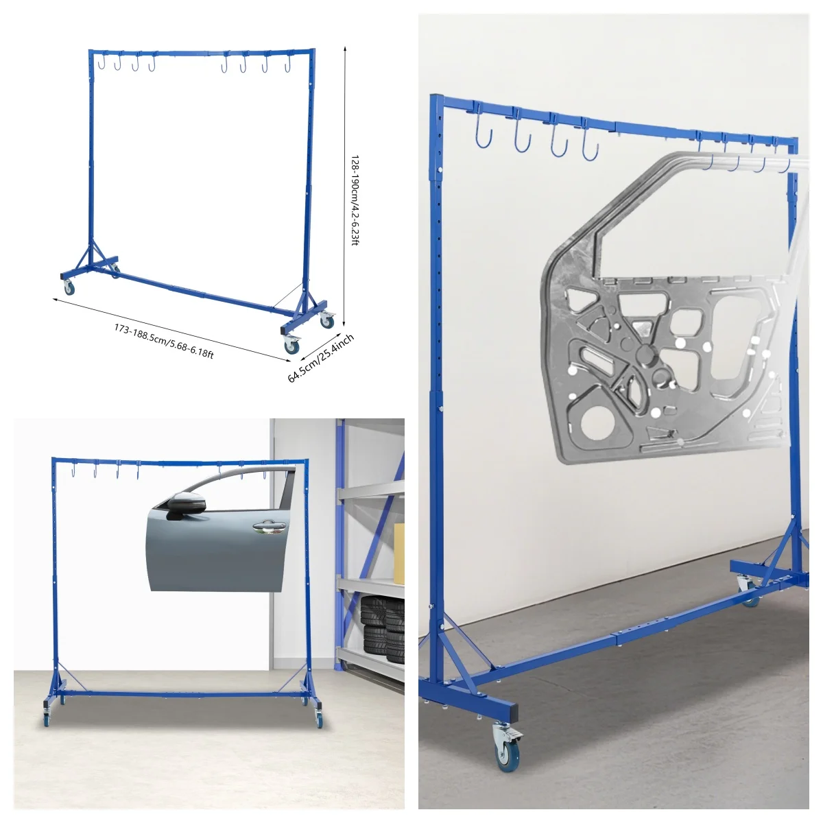

Automotive Painting Hanger Rack, Adjustable Painting Drying Stand, Spray Paint Rack 4.2–6.2ft with 8 Hooks for Hoods Doors