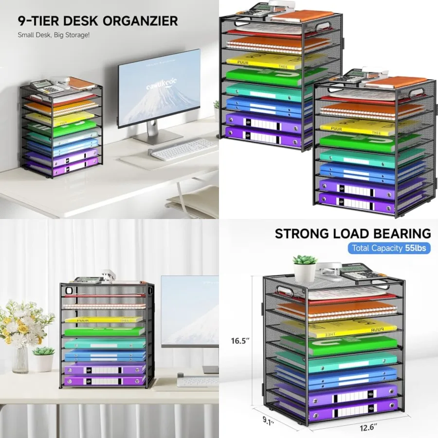 

9 Tier Paper Organizer with Handle, Large Capacity Desk Organizer Mesh Paper Letter Tray File Folder Document Sorter for Classr
