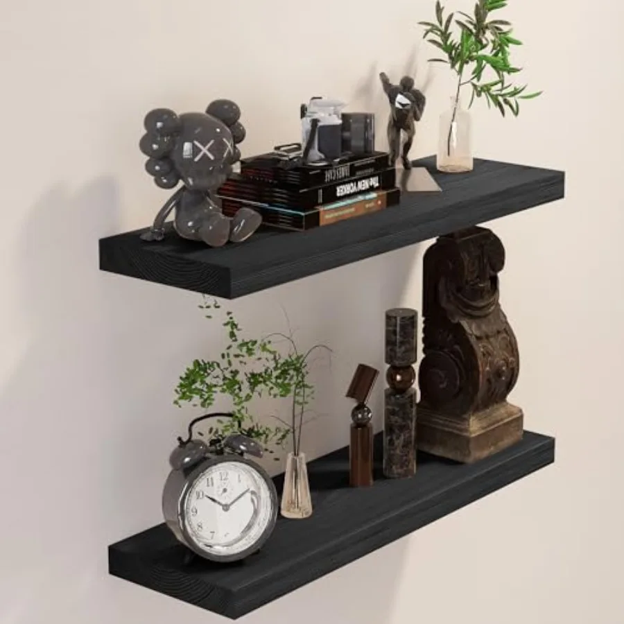 

Wood Floating Shelves for Wall 24 inch Black Solid Wood Wall Mount Shelves for Bathroom Living Room Bedroom Kitchen Farmhouse S