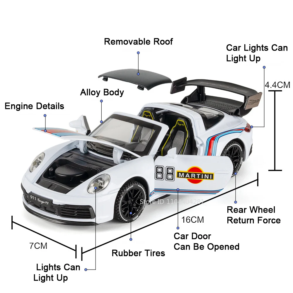 1:32 911 Martini GT3 Diecast Legering Sportwagen Modellen Speelgoed Deuren Geopend Geluid Licht Trek Voertuigen Tractor Kinderen Verjaardagscadeautjes