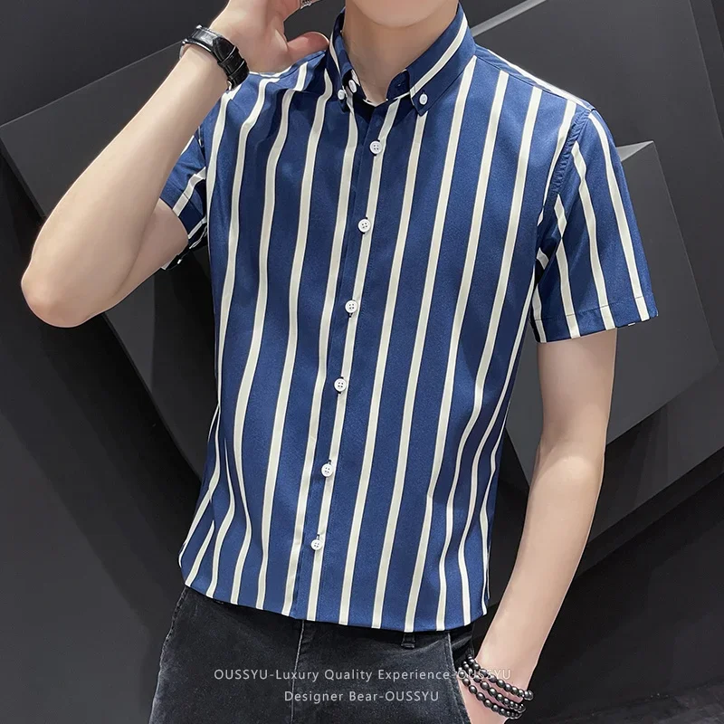 

Men's Short Sleeve Striped Shirt Summer Casual Iron Free Top for Office Business Workwear Fashion Youth Classic Fit Comfortable