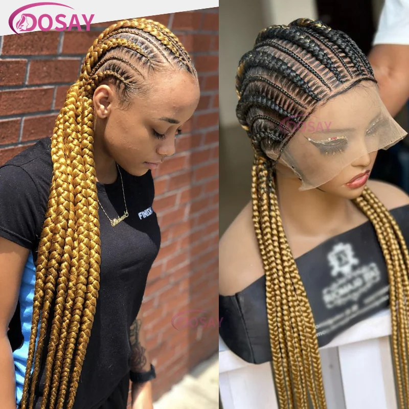 

36" Cornrows Box Synthetic Hair Braided Wigs #27 Blonde Knotless Full Lace Braided Wigs For Black Women Braiding Wigs African