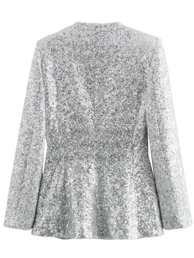 2025 Fashion Women Luxury Long Sleeve Bright Sequin Glitter V-neck Suit Outwear Lady Elegant Sparkle Slim Fit Silver Party Coat