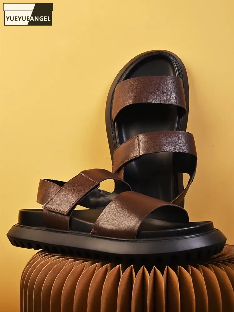 

Summer Mens Outside Thick Platform Sandals Hook Loop Cowhide Genuine Leather Driving Shoes Fashion Casual Antiskid Beach Sandals