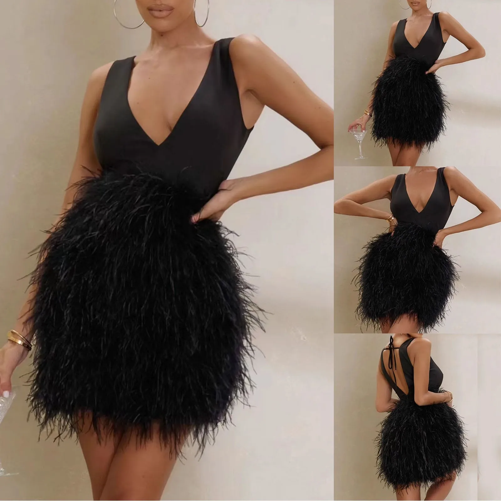 Vestidos de invitados de boda para mujer, Mini vestido negro de borla sin mangas de Color sólido para mujer, vestido de fiesta de noche de cóctel