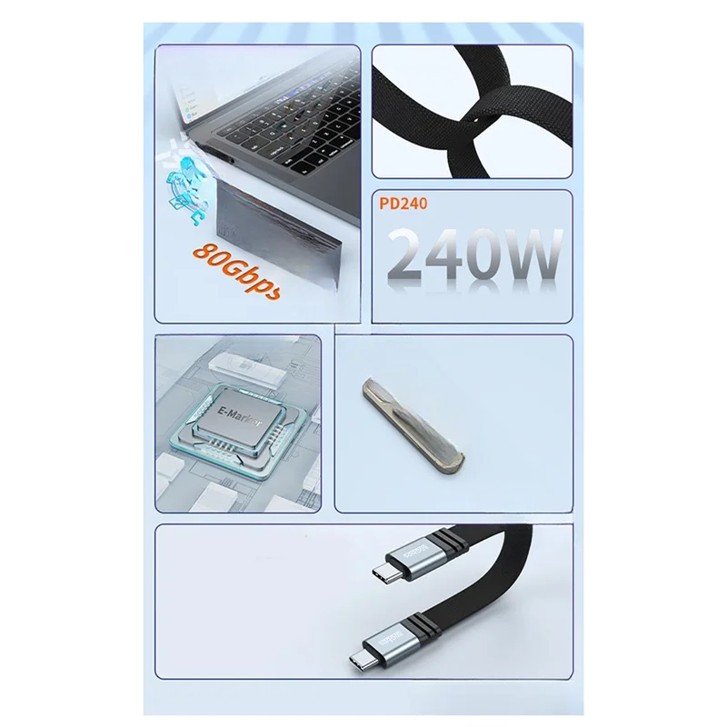 

ABUO-USB4 Двойной полнофункциональный кабель для передачи данных типа C в оплетке 15 см, 80 Гбит/с, PD240 Вт, встроенный внешний аккумулятор с быстрой зарядкой, процесс короткой линии