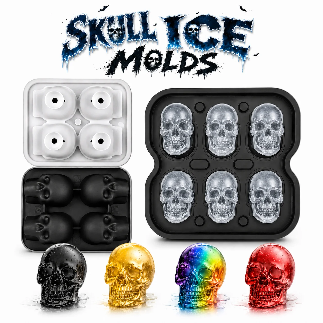 3D-Silikon-Eiswürfelform mit Totenkopf-Motiv, 4/6 Mulden, lustige Form für Halloween-Partys, Whiskey-Cocktails, leicht zu entnehmende Eiswürfel, Getränkewerkzeug
