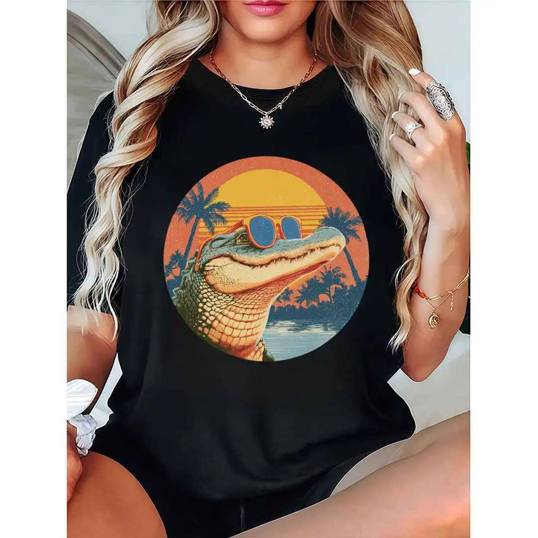 

"Vintage Alligator T-Shirt for Women | Retro Sunglasses & Palm Tree Graphic Tee | Florida Beach Vacation Gift"