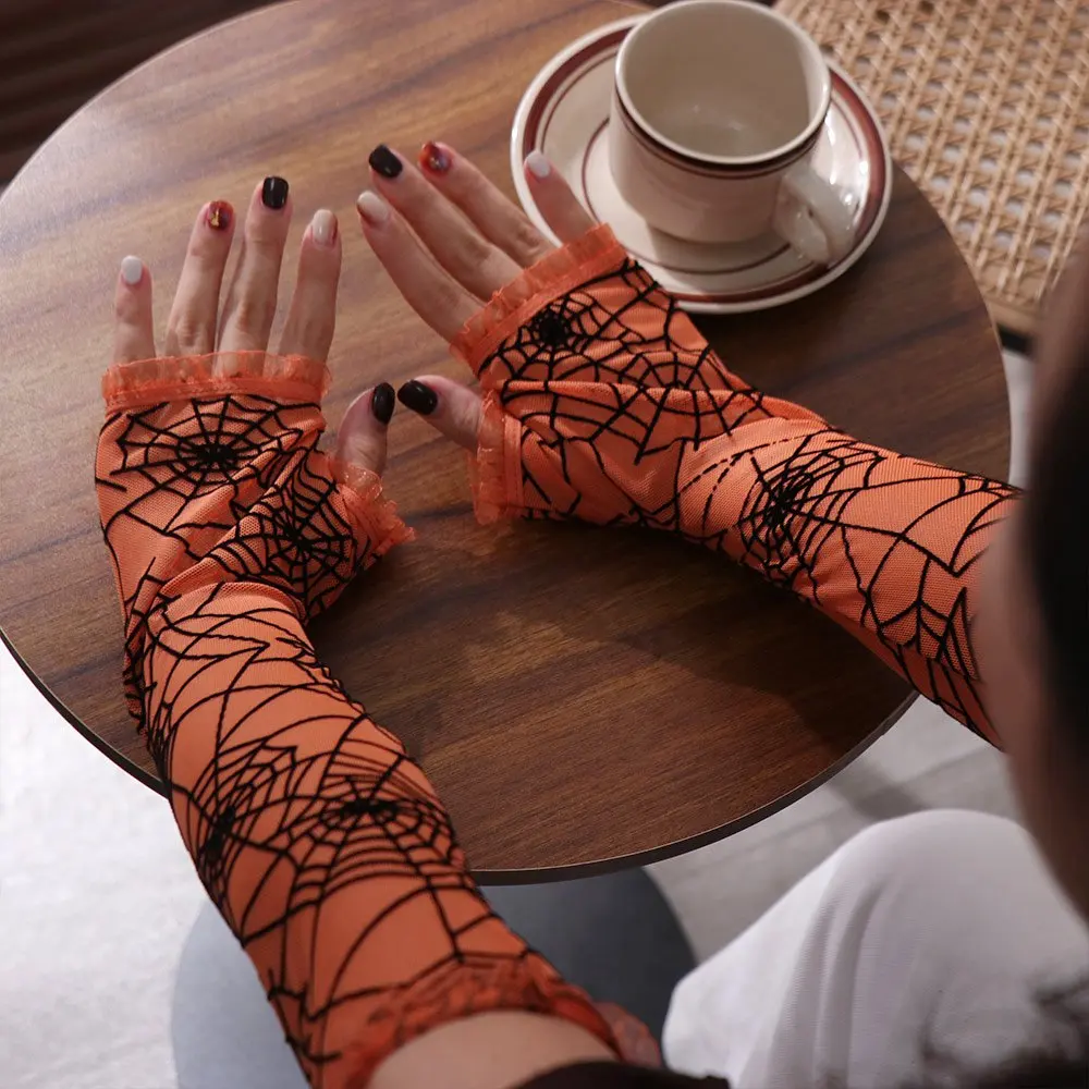

Fashion Thin Halloween Gloves Lolita Gothic Spider Web Gloves Long Half-Finger Mesh Mitten Dancing
