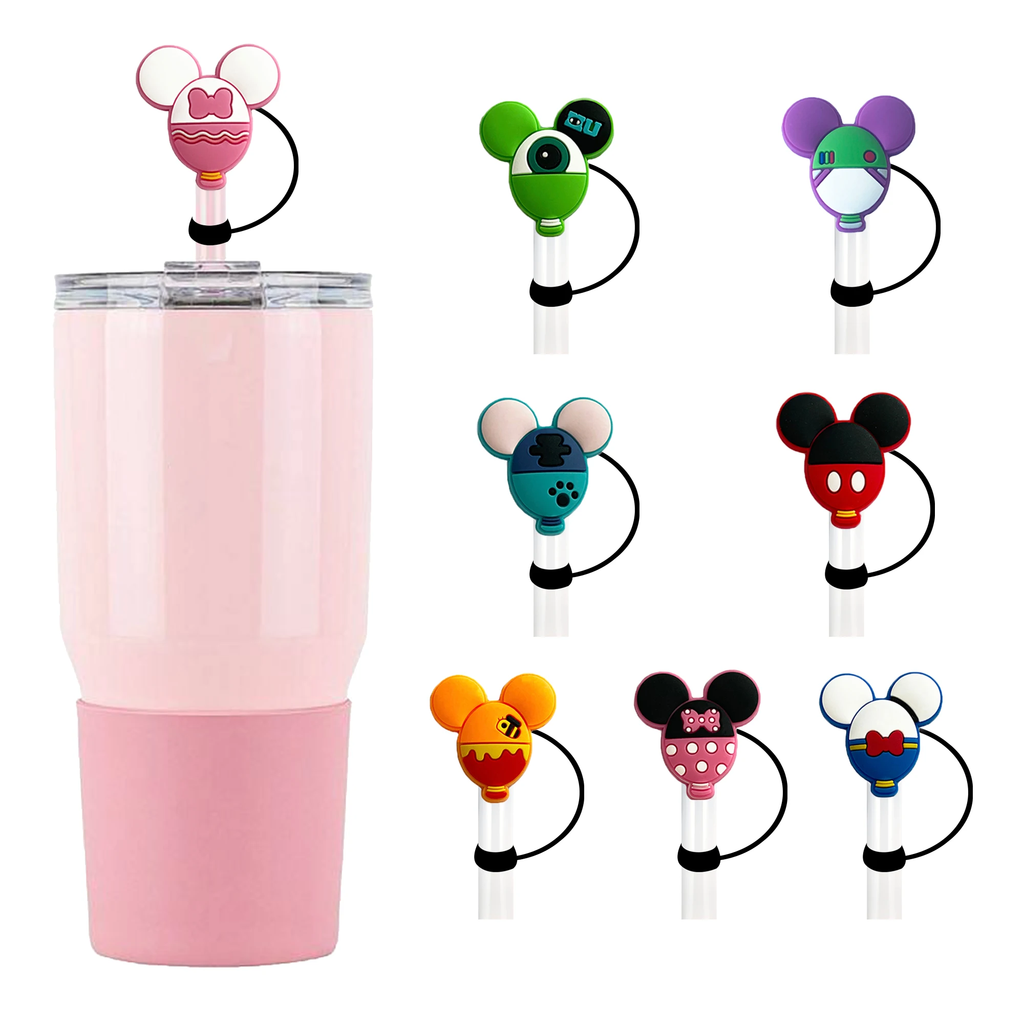 1-8 peças de capa para canudo com cabeça do Mickey e Minnie para copo, reutilizável, de silicone de 10mm, compatível com copos de 30 e 40 oz.