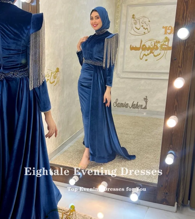 Eightale Arabic Evening Dresses Muslim Velvet High Neck Beaded Dark Blue Mermaid Prom Party Gown vestidos elegantes para mujer