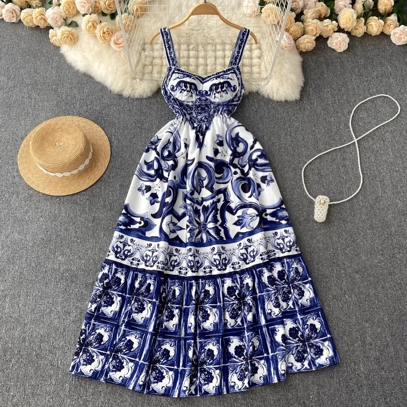 

Summer Runway Holiday Maxi Dress Women's V Neck Spaghetti Strap Backless Blue And White Porcelain Print Long Robes Vestidos